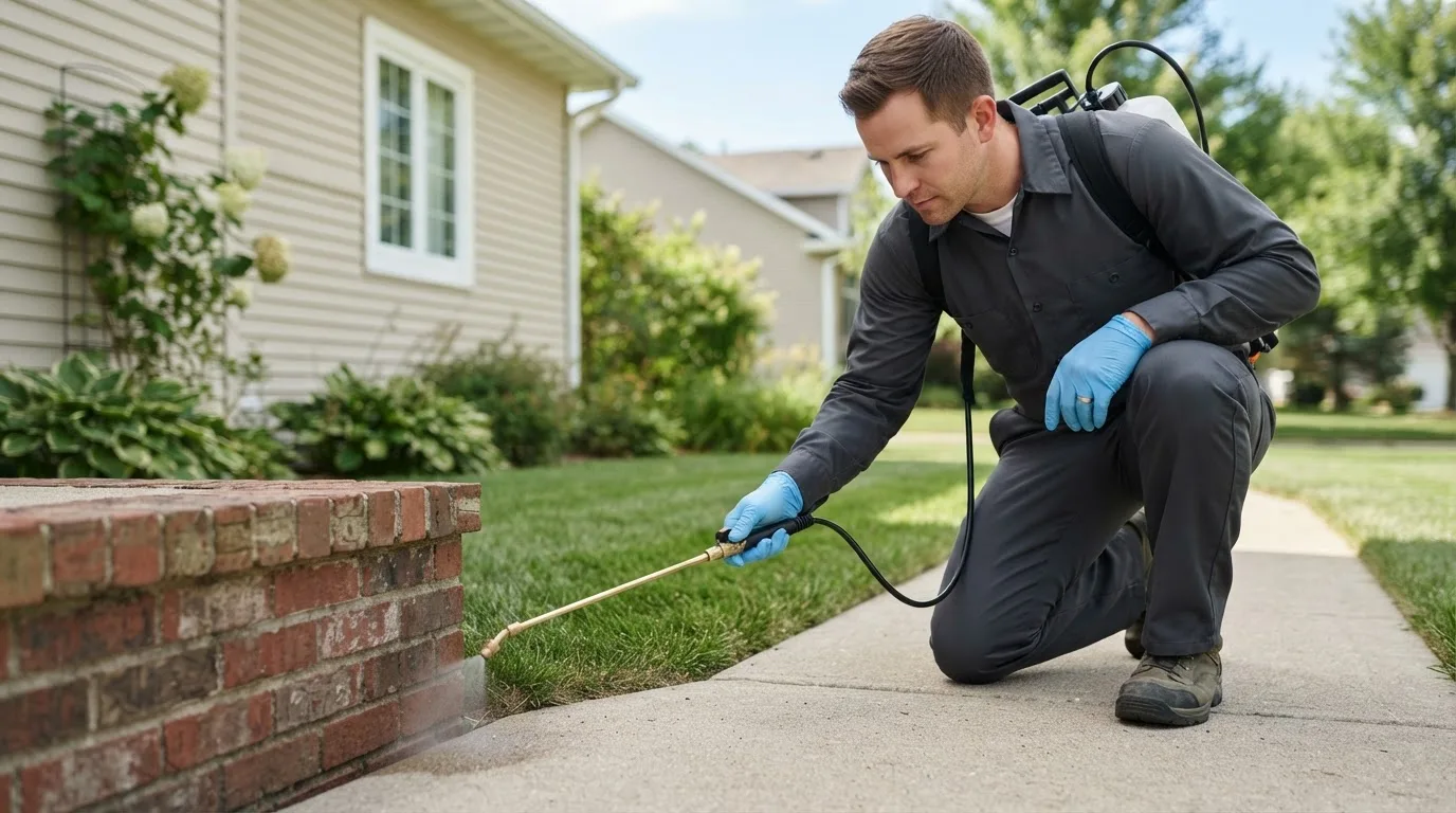 Pest control technician treating a home near Goshen, CT
